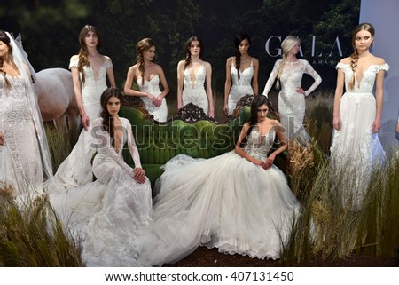 NEW YORK, NY - APRIL 14: Models pose during the Galia Lahav Bridal Fashion Week Spring/Summer 2017 presentation on April 14, 2016 in New York City.