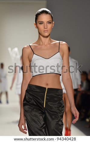 NEW YORK - SEPTEMBER 10: Model walks the runway at the Ruffian Spring Summer 2012 collection presentation during Mercedes-Benz Fashion Week on September 10, 2011 in New York.