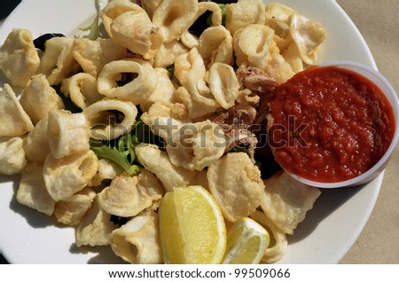 Seafood - Fried Calamari. Deep-fried Squid Dressed with Salad Leaves and Lemon.