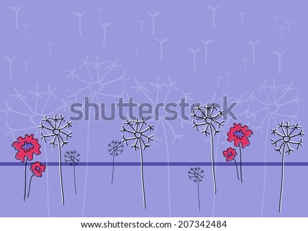 Dandelions and red flowers on purple background