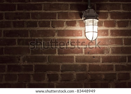 Creepy light bulb on textured red brick wall