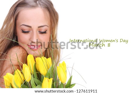picture of happy woman with yellow tulips over white
