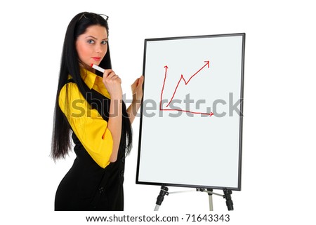 The business woman at the stand draws the schedule and smiles on a white background