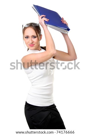 Dissatisfied young business of the lady holds over a head a folder with documents. On the isolated white background
