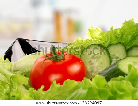 Tomato, salad, cucumber, salad leaf on dish