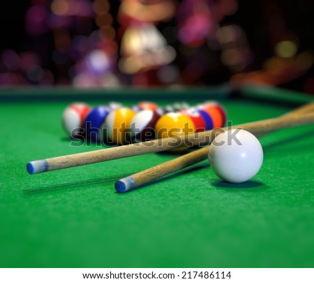 Billiard balls in a green pool table