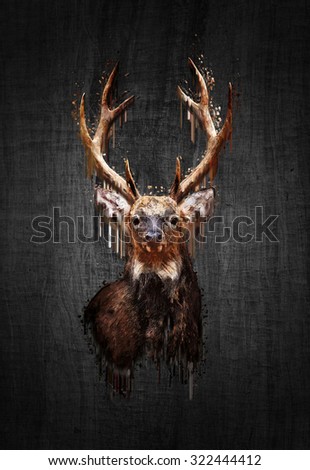 Portrait red deer on dark background. Paint effect