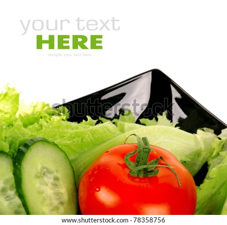 Tomato, salad, cucumber, salad leaf on dish isolated on white background