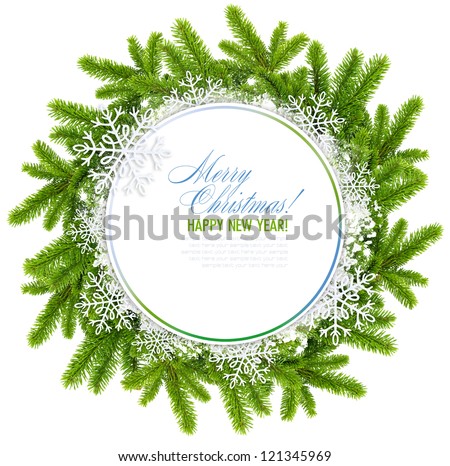 White christmas frame is with the branches of spruce and snowflakes on a white background