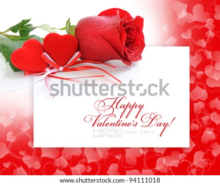 Two velvet hearts with a red rose on a festive background with space for text