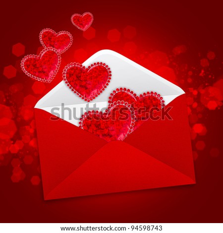 Decorative hearts are in a red postal envelope on a festive background
