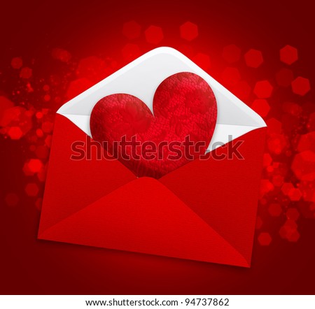 Decorative heart in a red postal envelope on a festive background