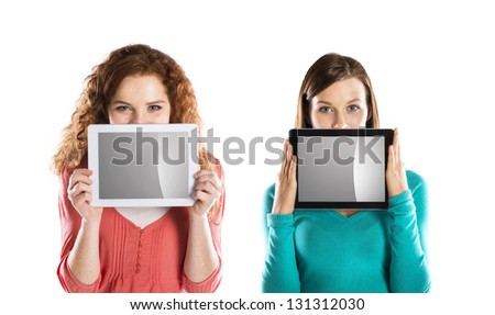 Funny studio portraits with tablet on isolated background