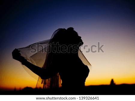 Silhouette of bride holding veil at sunset