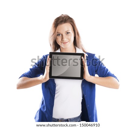 Woman with pc tablet is isolated on white background