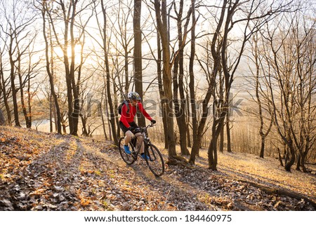 cyclist man riding mountain bike on outdoor trail in autumn forest