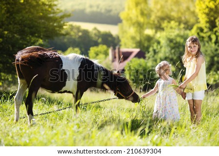Portrait of two little sisters having fun at countryside outdoors, feeding pony