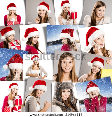 Christmas face collage of brunette girl in santa hat