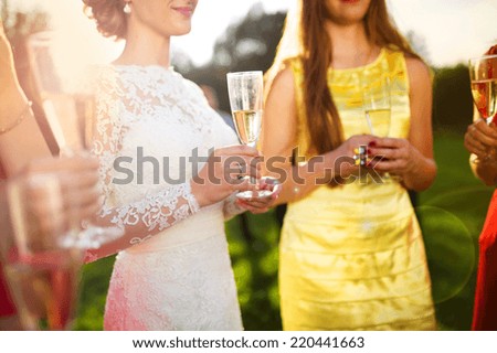 Bride with four happy bridesmaids toasting at the wedding reception outside