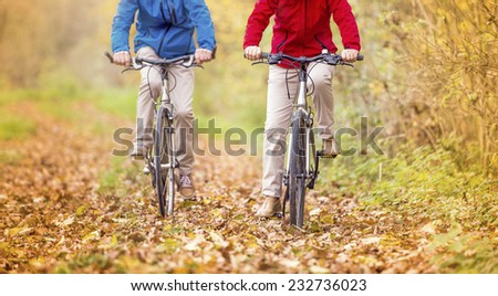 Detail of active seniors legs ridding bike in autumn nature. They relax outdoor.