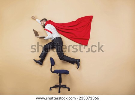 Manager with coat of superman. Superhero in studio.