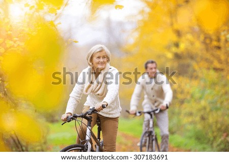 Active seniors riding bikes in autumn nature. They having romantic time outdoor.