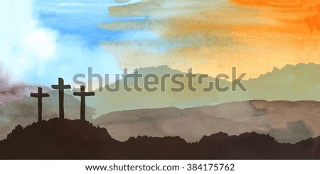 Easter scene with cross. Jesus Christ. Watercolor vector illustration