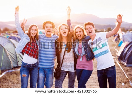 Group of teenagers at summer music festival, sunny day