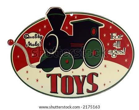 Quality Made Toys Sign with Pull-Toy Train in Christmas Colors on White Background