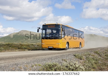 Bus to Snoheim (Dovrefjell-Sunndalsfjella National Park, Norway). People take this bus to hike to mountain Snohetta.  18-07-2013