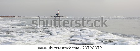Panorama of the ice piling up in the lake (Marken, the Netherlands)