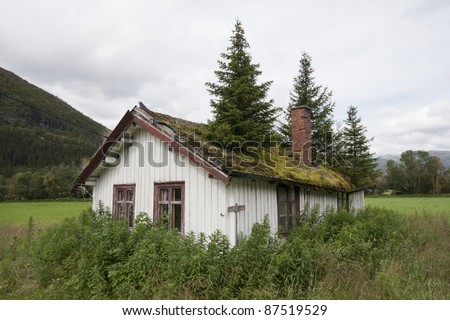 Old Norwegian house with spruce trees on the roof (Hemsedal, Norway)