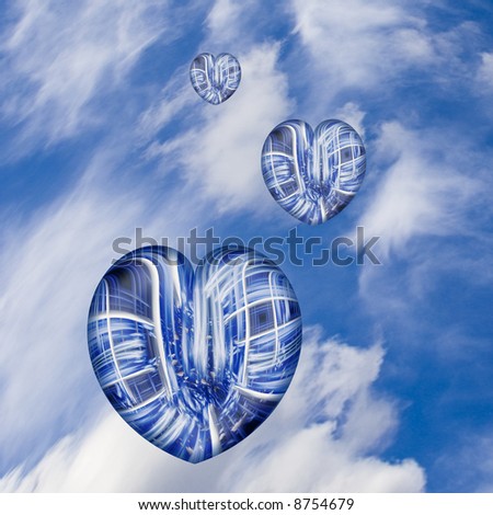 Three hearts in sky with white clouds.  Could portray travel, family, love or spiritual nature. For church or religious concept.  Design of hearts may show inner turmoil or rush of fast paced life.
