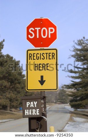 Stop Register and Pay Here Signs