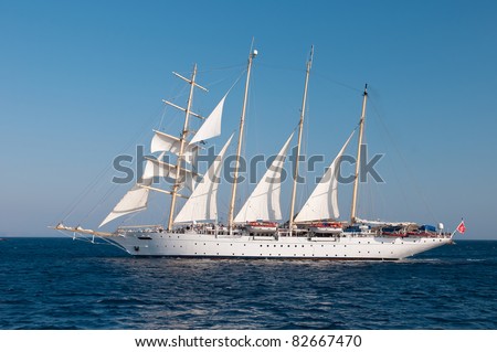Old Style Clipper Ship in Nearly Full Sails in Aegean Sea