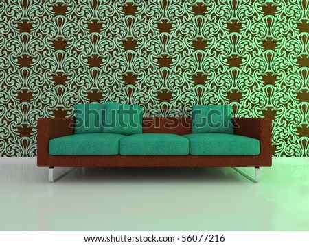 sofa stand against the wall with colorful wallpaper.