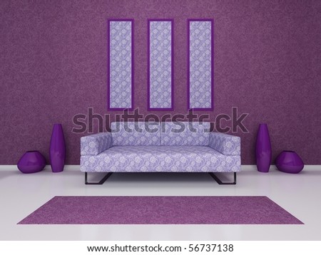 violet sofa stand against the wall.