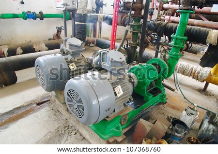 Water pumping station, industrial interior electric water pump  and pipes