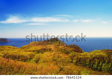 spring landscape, japan sea view from a height