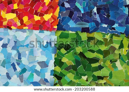 Green and blue and red texture made from many pieces of torn paper
