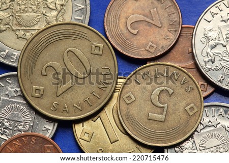 Coins of Latvia. Old Latvian lats and santimi coins.