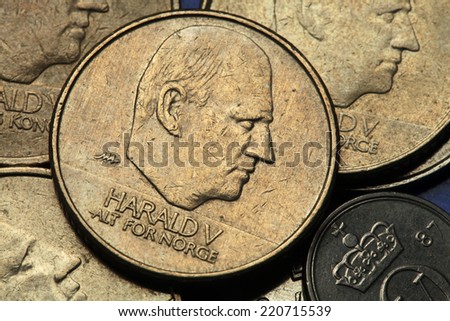 Coins of Norway. King Harald V of Norway depicted in Norwegian krone coins.
