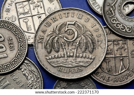 Coins of Mauritius. Two palm trees depicted in the Mauritian five rupee coin.
