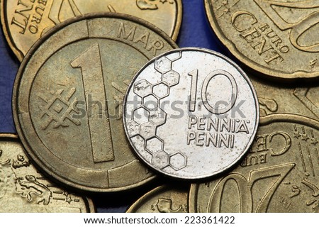 Coins of Finland. Honeycomb depicted in the old Finnish 10 penni coin and the old Finnish one markka coin.