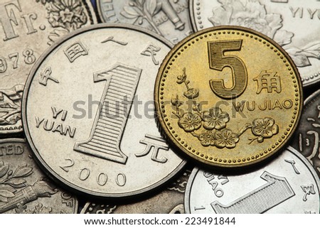 Coins of China. Plum flower depicted in the Chinese five Jiao coin and the Chinese one Yuan coin.