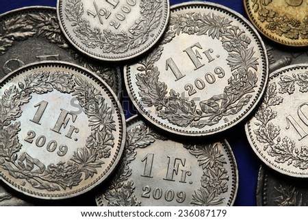 Coins of Switzerland. Swiss one franc coins.