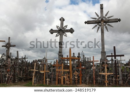 SIAULIAI, LITHUANIA - AUGUST 2, 2013: Wooden crosses at the Hill of Crosses, the most important Lithuanian Catholic pilgrimage site located near the town of Siauliai in Northern Lithuania.