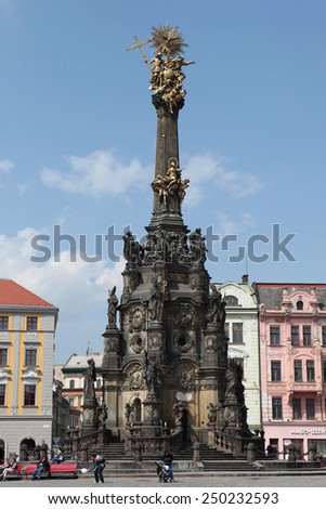 OLOMOUC, CZECH REPUBLIC - APRIL 29, 2014: Holy Trinity Column, a famous Baroque plague column listed as the UNESCO world heritage site, in Olomouc, Czech Republic.