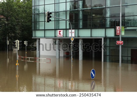 PRAGUE, CZECH REPUBLIC - JUNE 3, 2013: Supermarket Kaufland flooded by the swollen Vltava River in Prague, Czech Republic.