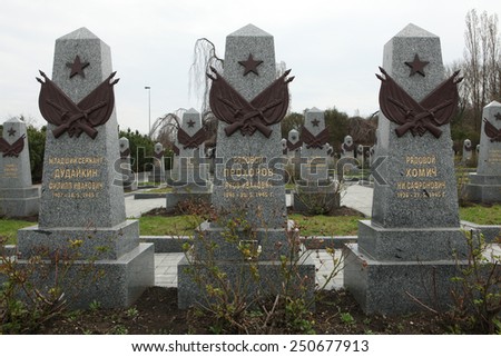 PRAGUE, CZECH REPUBLIC - APRIL 19, 2013: Soviet War Memorial with graves of Soviet soldiers fallen in the last days of World War II at the Olsany Cemetery in Prague, Czech Republic.